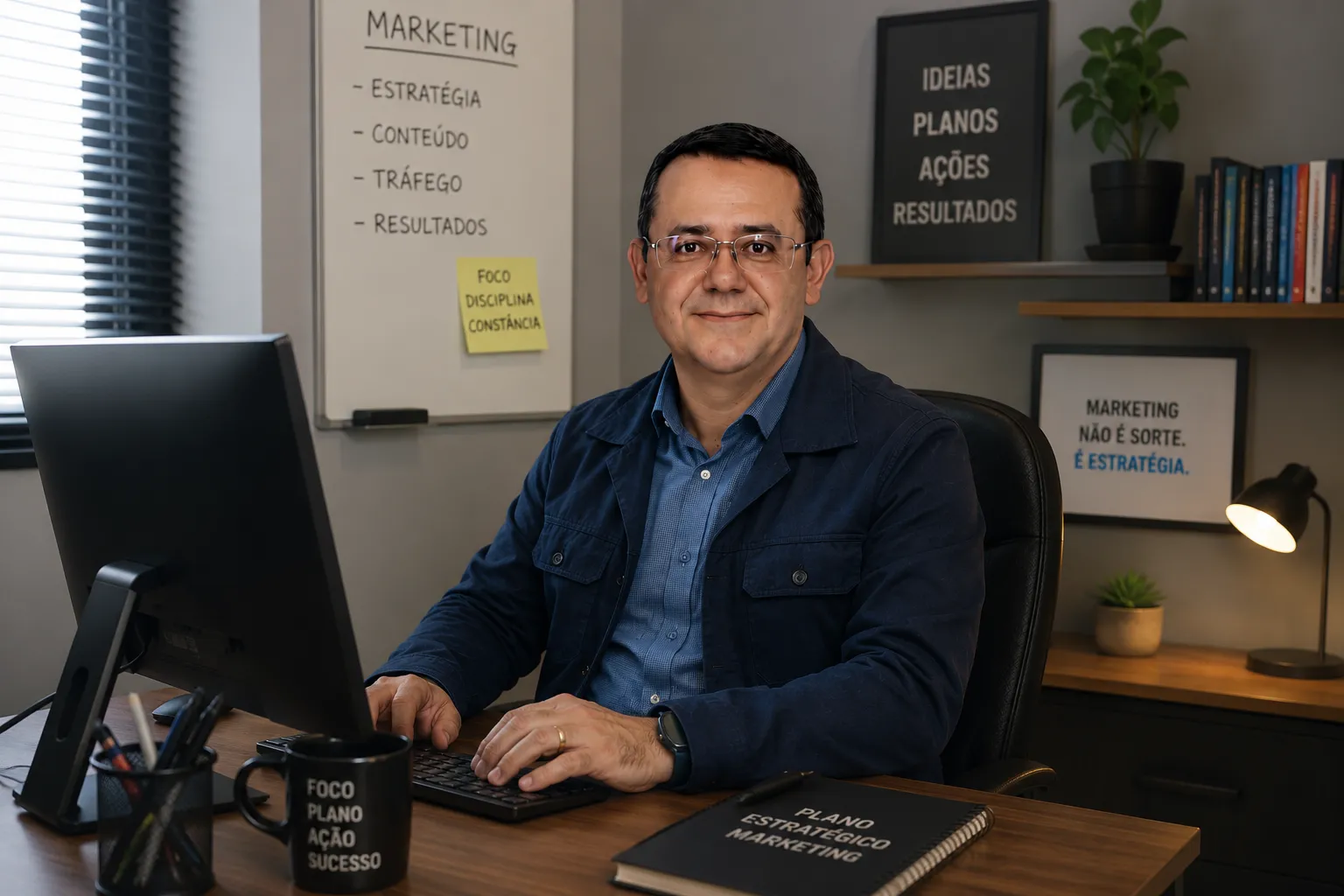 Profissional em escritório com computador e materiais de marketing